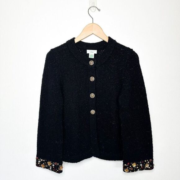 Laura Ashley Petite Vintage Wool Blend Black Metalic Thread Beaded Cuff Cardigan - Picture 1 of 6